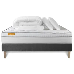 Pack sommier kit matelas Ressorts ensachés et mémoire de forme avec couette et oreillers