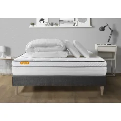 Pack sommier kit matelas Ressorts ensachés et mémoire de forme avec couette et oreillers