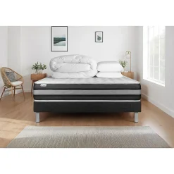 Pack sommier kit matelas Ressorts ensachés et mémoire de forme avec couette et oreillers