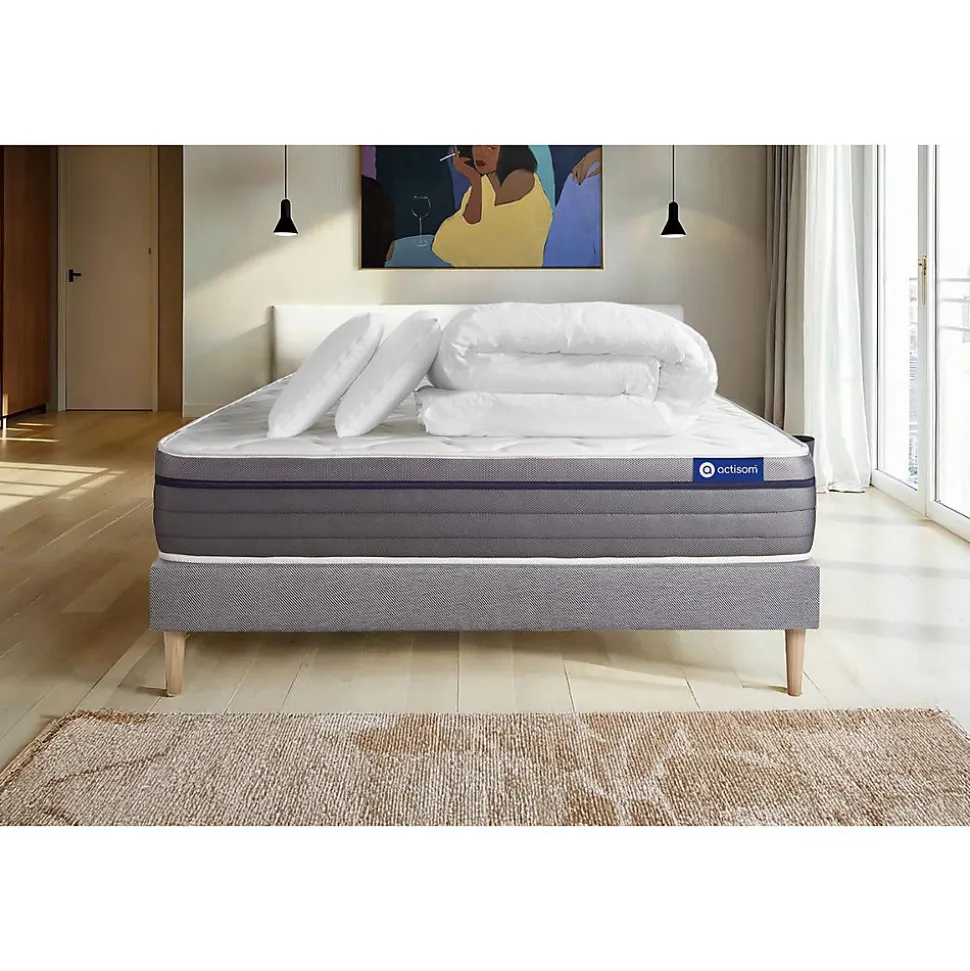 Pack sommier kit matelas Mémoire de forme avec couette et oreillers