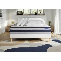 Pack sommier kit matelas Ressorts ensachés et mémoire de forme avec couette et oreillers