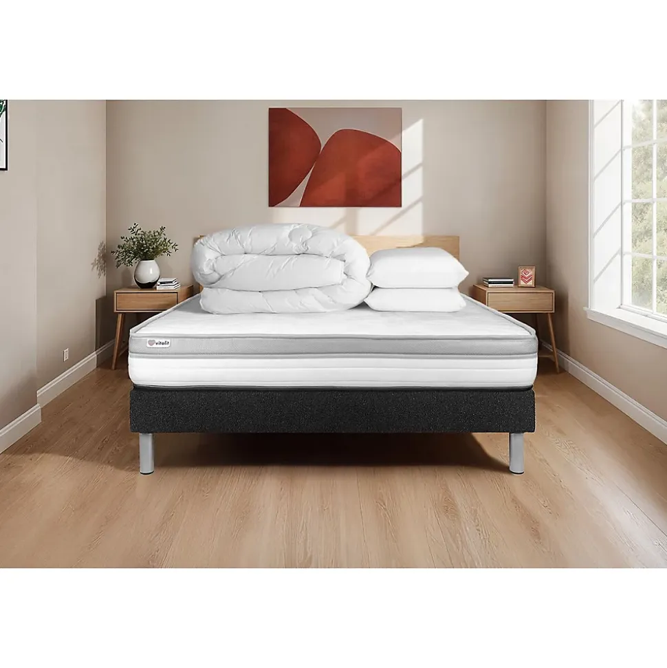 Pack sommier kit matelas Mousse avec couette et oreillers
