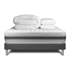 Pack sommier kit matelas Ressorts ensachés et mémoire de forme avec couette et oreillers