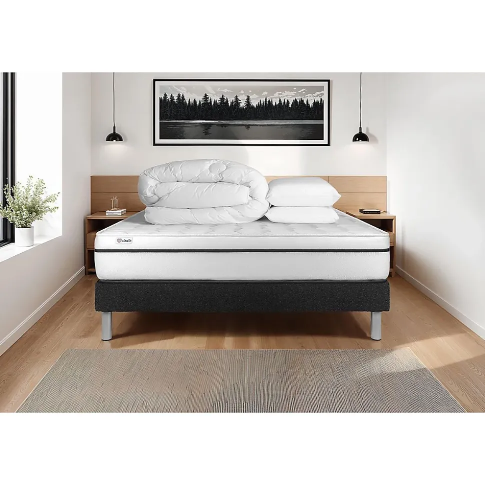 Pack sommier kit matelas Mousse polyuréthane à mémoire de forme avec couette et oreillers