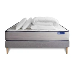 Pack sommier kit matelas Ressorts ensachés et mémoire de forme avec couette et oreillers