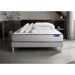 Pack sommier kit matelas Ressorts ensachés et mémoire de forme avec couette et oreillers