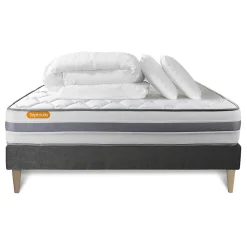 Pack sommier kit matelas Ressorts ensachés et mémoire de forme avec couette et oreillers