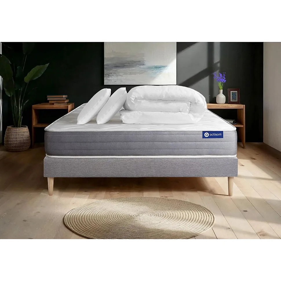 Pack sommier kit matelas Latex et mémoire de forme avec couette et oreillers