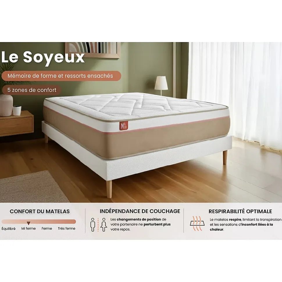 Pack sommier tapissier matelas Ressorts ensachés et mémoire de forme avec couette et oreillers