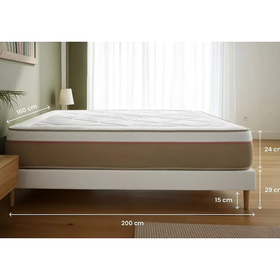 Pack sommier tapissier matelas Ressorts ensachés et mémoire de forme avec couette et oreillers