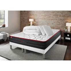Pack sommier tapissier matelas Ressorts ensachés et mémoire de forme avec couette et oreillers