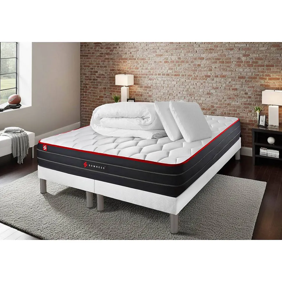 Pack sommier tapissier matelas Ressorts ensachés et mémoire de forme avec couette et oreillers