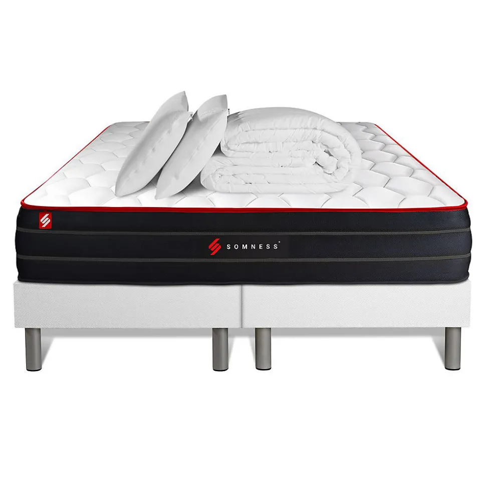 Pack sommier tapissier matelas Ressorts ensachés et mémoire de forme avec couette et oreillers