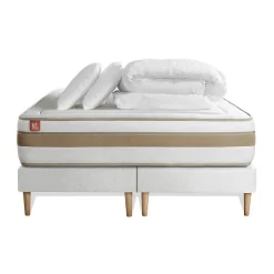 Pack sommier tapissier matelas Ressorts ensachés et mémoire de forme avec couette et oreillers