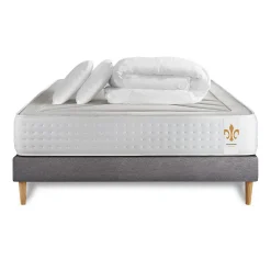Pack sommier tapissier matelas Ressorts ensachés et mémoire de forme avec couette et oreillers