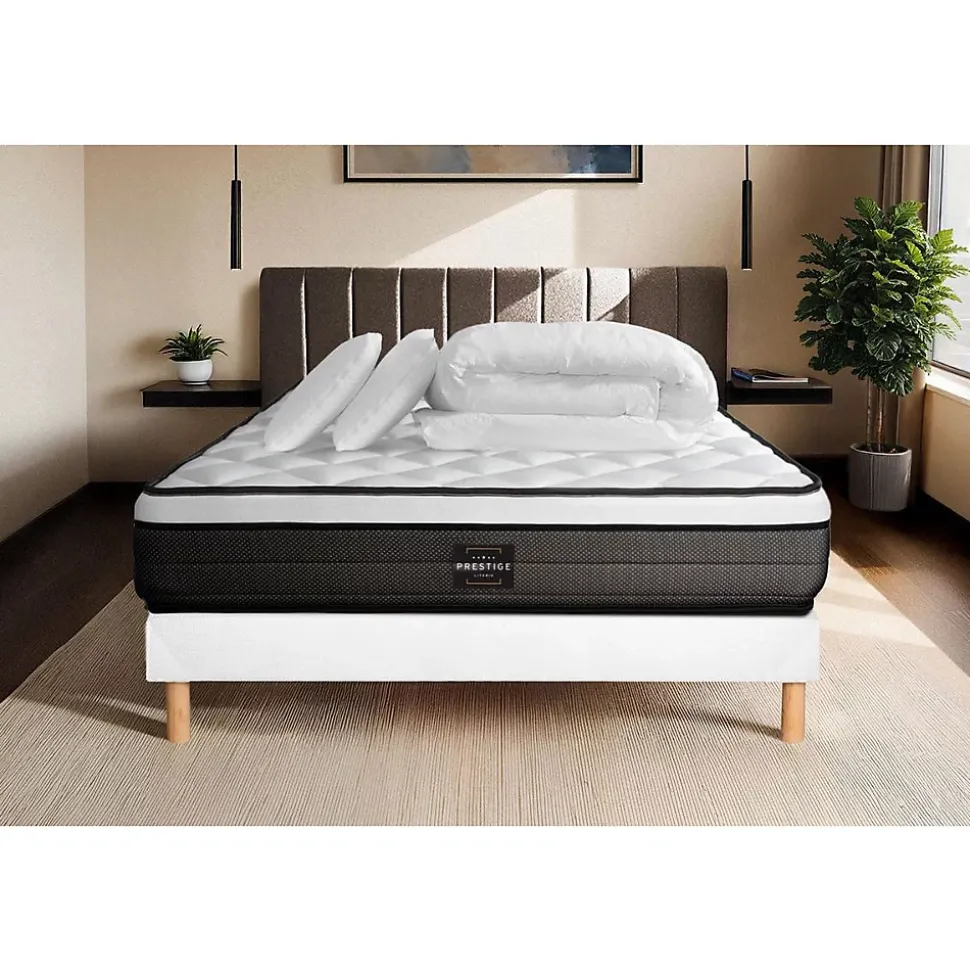 Pack sommier tapissier matelas Ressorts ensachés et mémoire de forme avec couette et oreillers