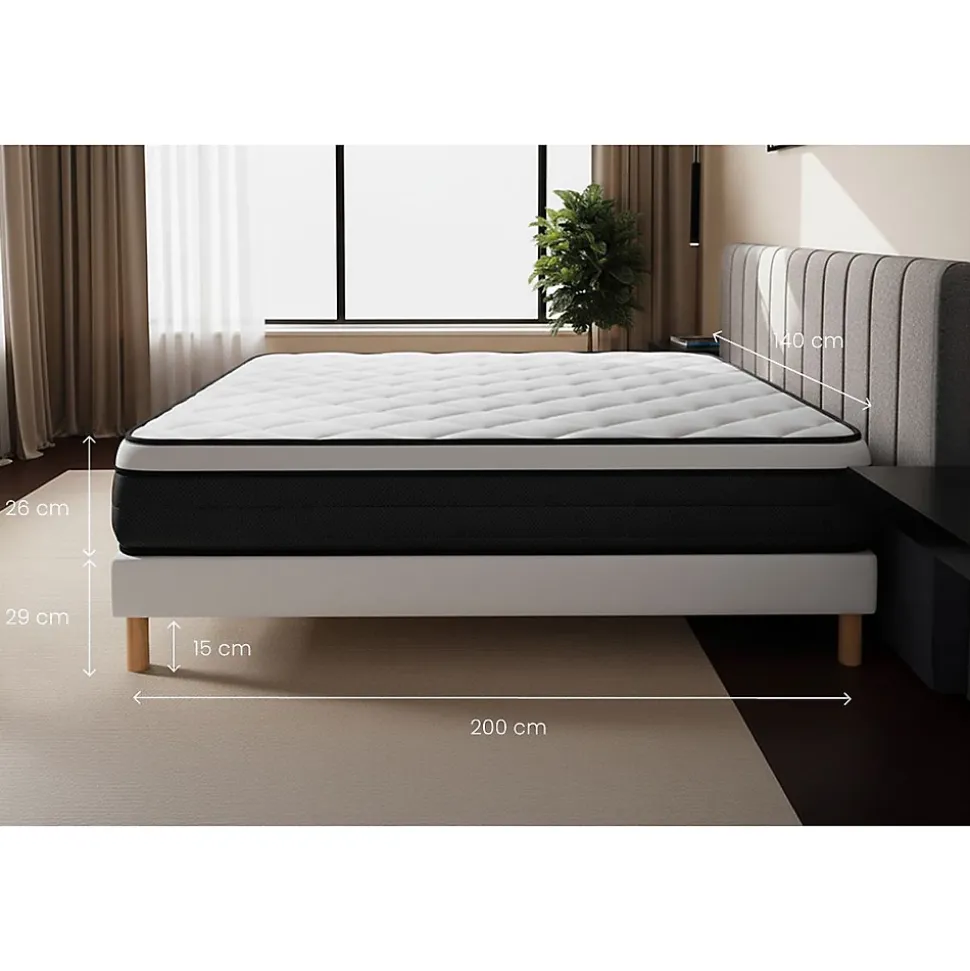 Pack sommier tapissier matelas Ressorts ensachés et mémoire de forme avec couette et oreillers