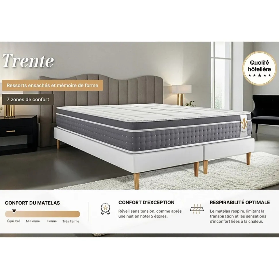 Pack sommier tapissier matelas Ressorts ensachés et mémoire de forme avec couette et oreillers