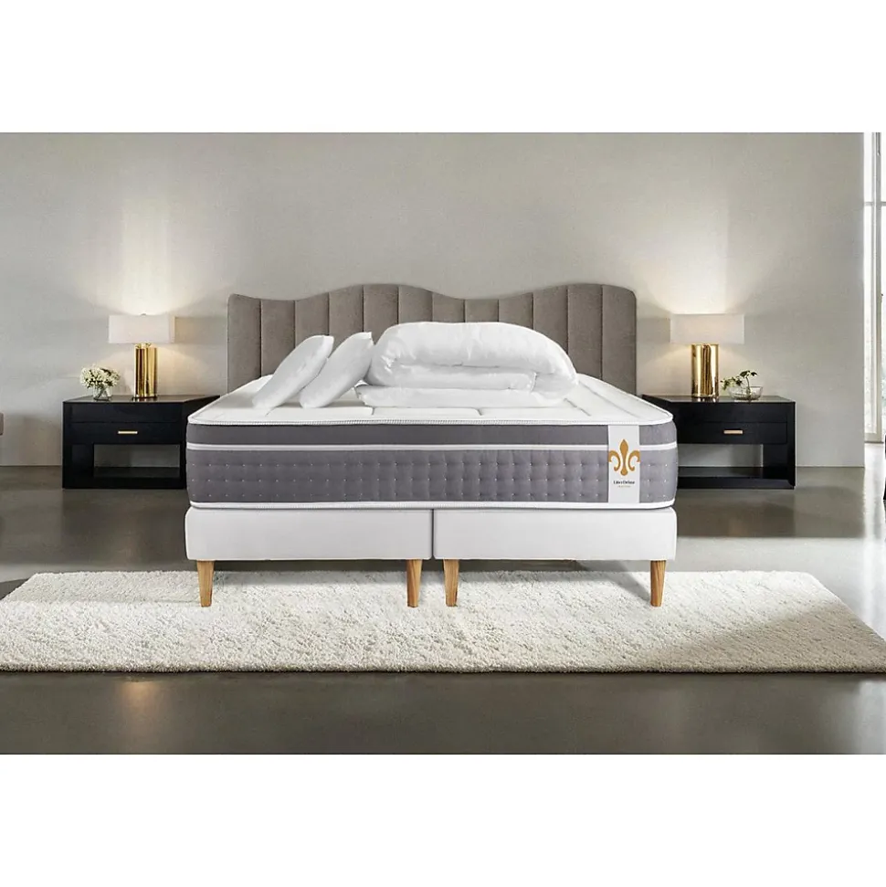 Pack sommier tapissier matelas Ressorts ensachés et mémoire de forme avec couette et oreillers