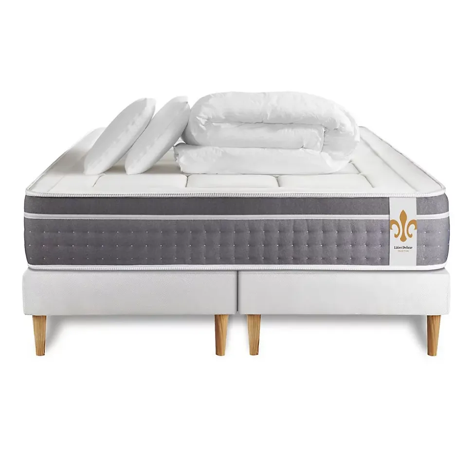 Pack sommier tapissier matelas Ressorts ensachés et mémoire de forme avec couette et oreillers