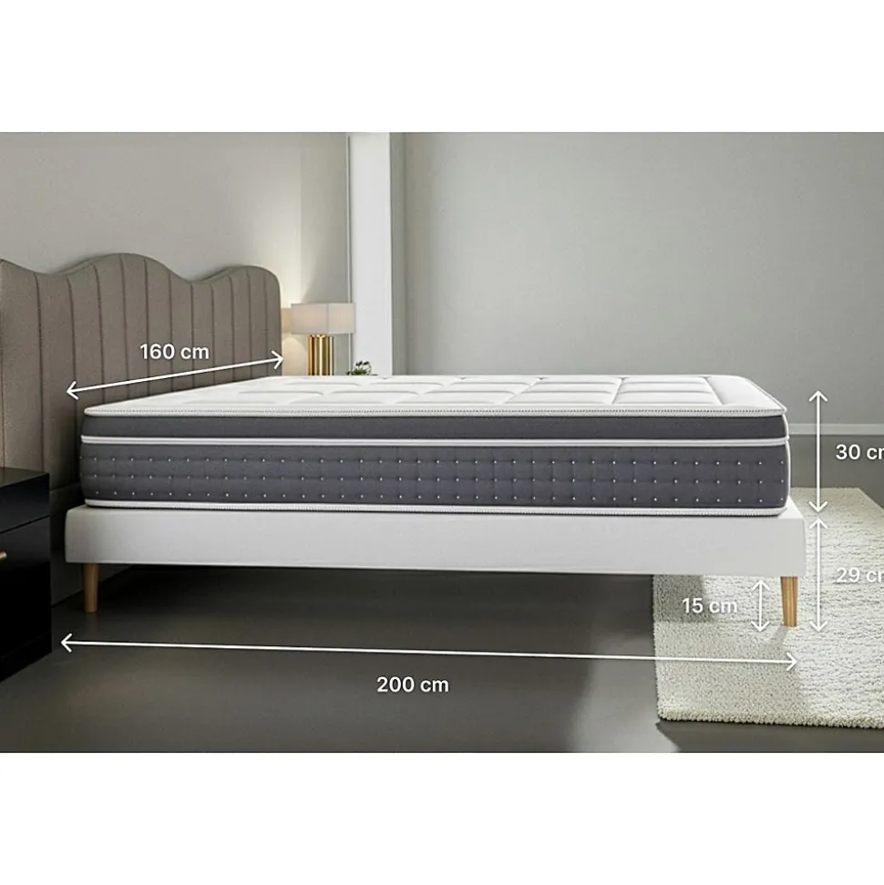 Pack sommier tapissier matelas Ressorts ensachés et mémoire de forme avec couette et oreillers