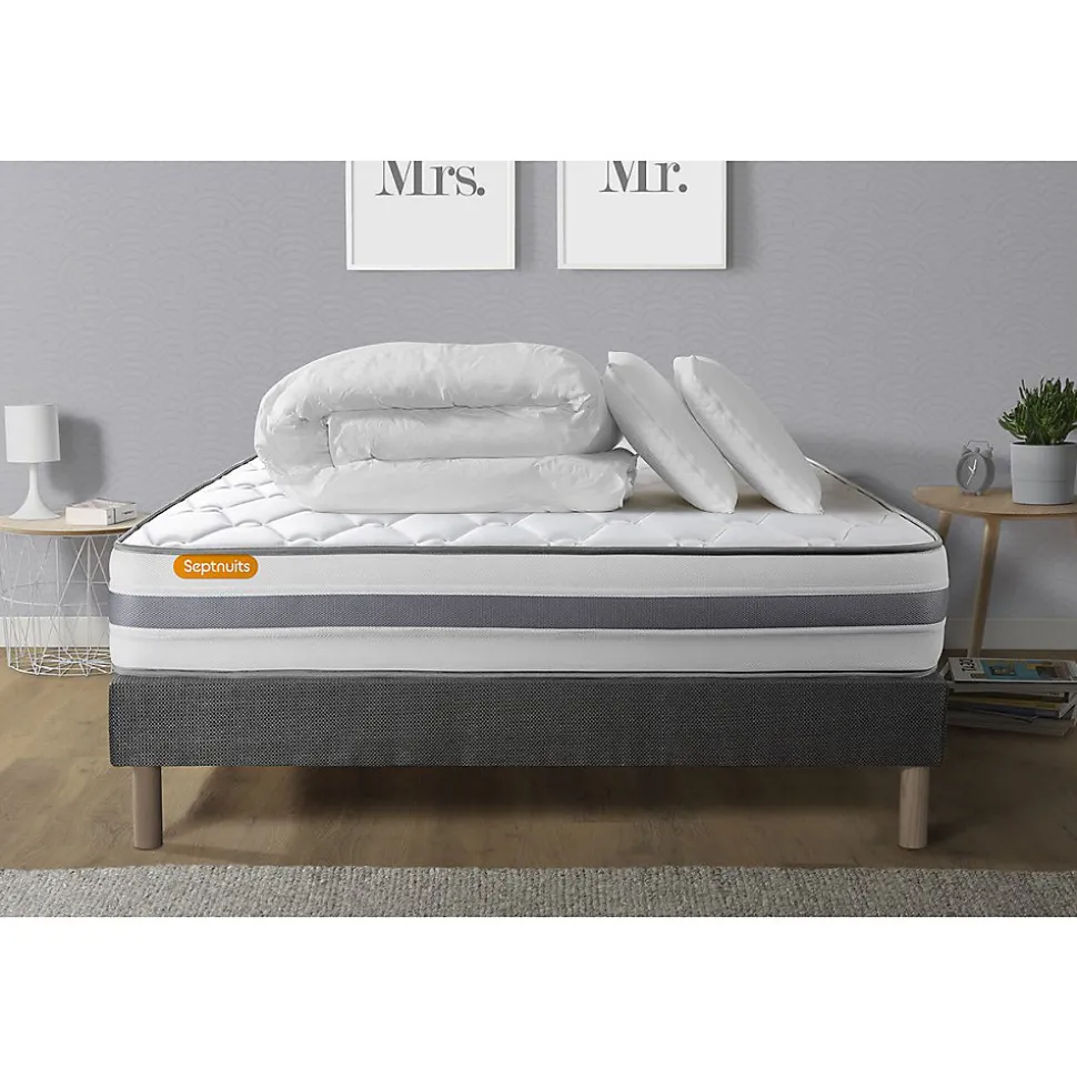 Pack sommier tapissier matelas Ressorts ensachés et mémoire de forme avec couette et oreillers