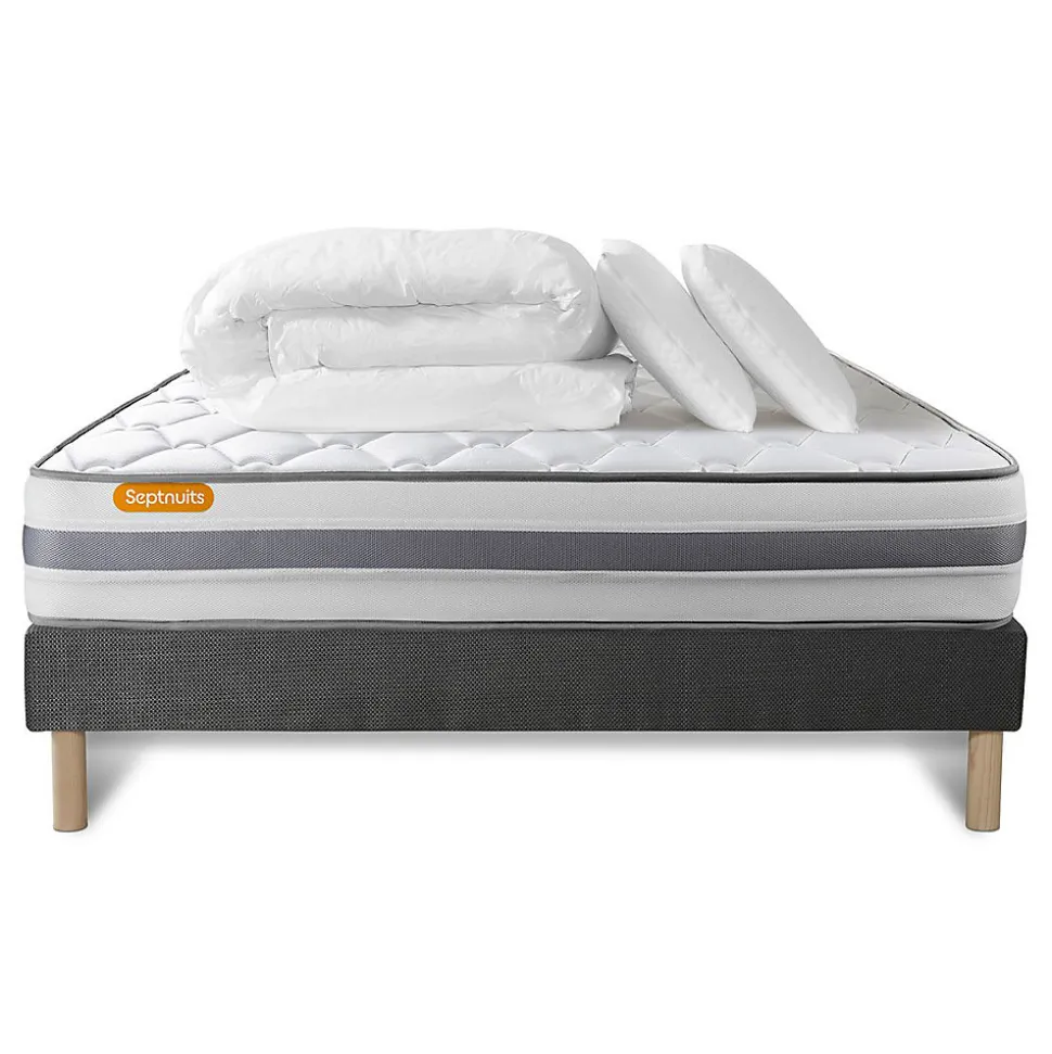 Pack sommier tapissier matelas Ressorts ensachés et mémoire de forme avec couette et oreillers