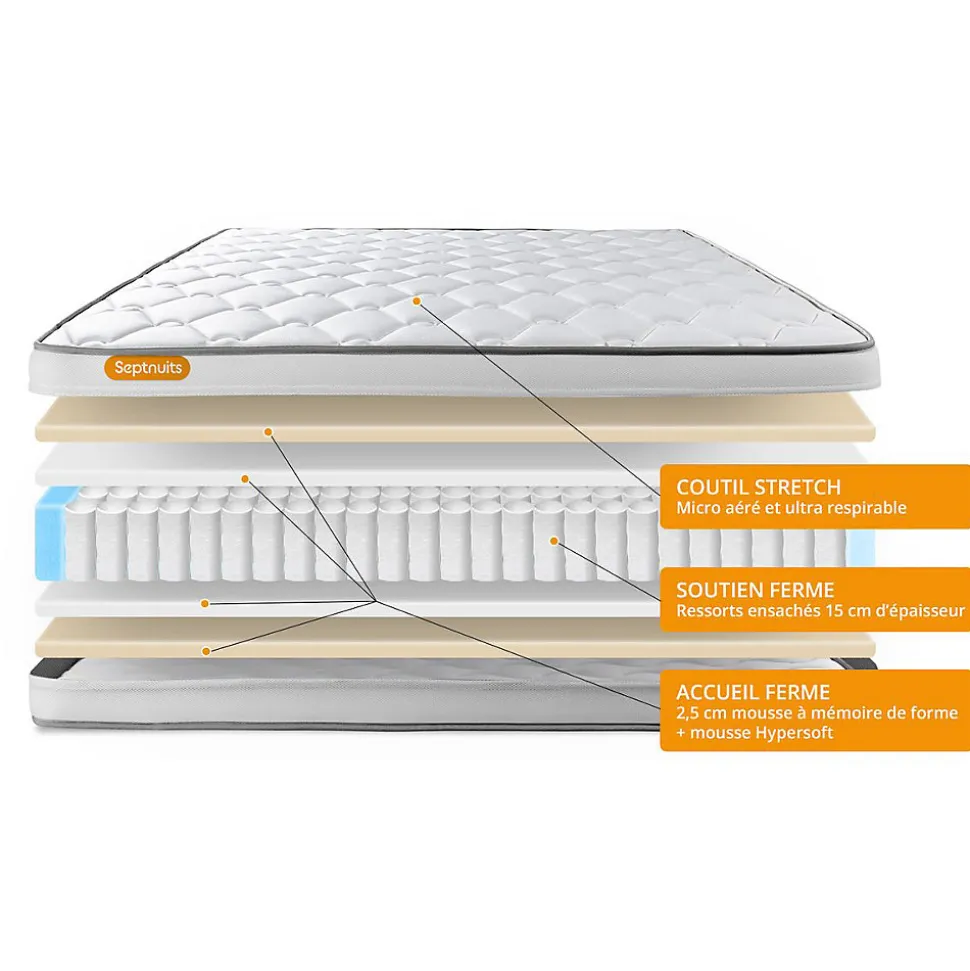 Pack sommier tapissier matelas Ressorts ensachés et mémoire de forme avec couette et oreillers