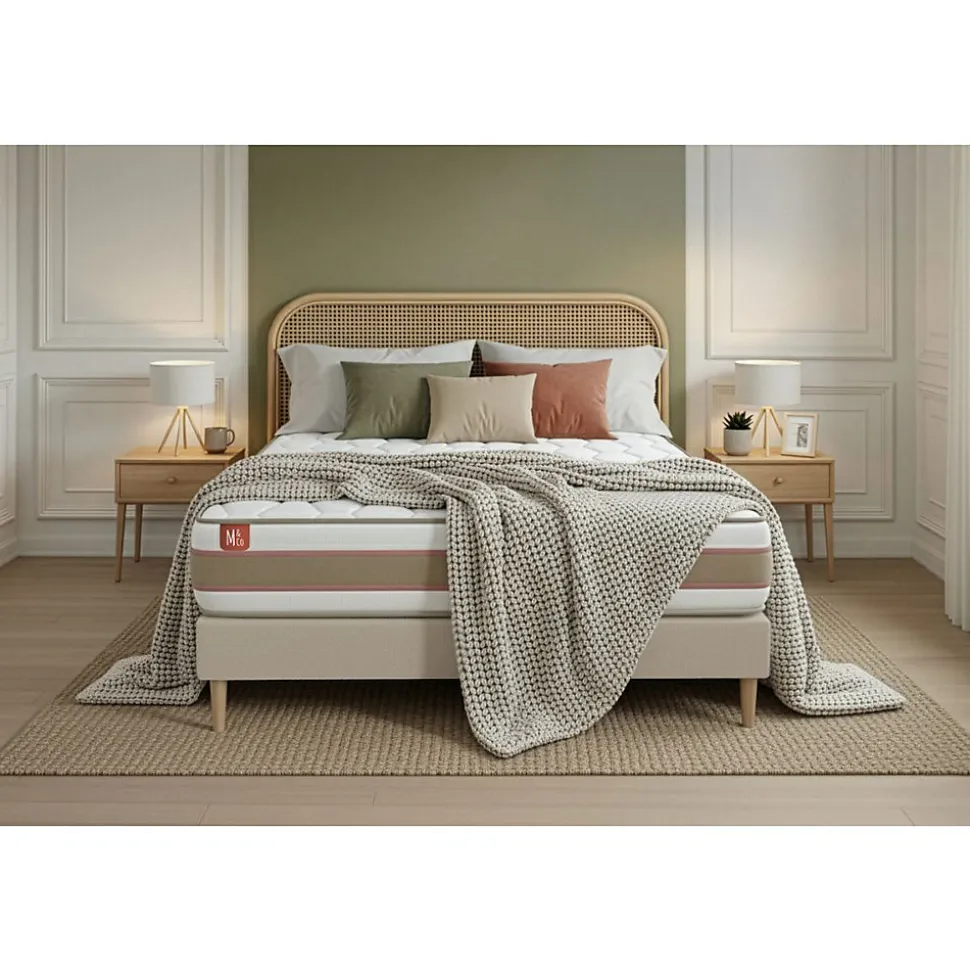 Pack sommier tapissier matelas Ressorts ensachés et mémoire de forme avec couette et oreillers