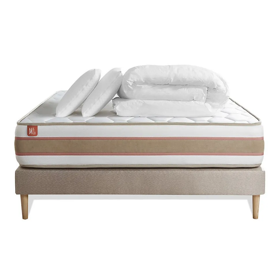 Pack sommier tapissier matelas Ressorts ensachés et mémoire de forme avec couette et oreillers