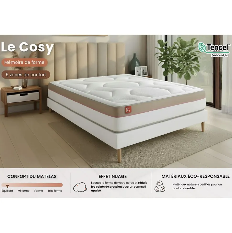 Pack sommier tapissier matelas Mémoire de forme avec couette et oreillers