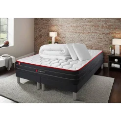 Pack sommier tapissier matelas Ressorts ensachés et mémoire de forme avec couette et oreillers