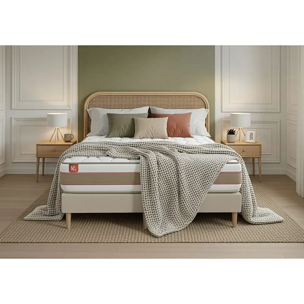 Pack sommier tapissier matelas Ressorts ensachés et mémoire de forme avec couette et oreillers