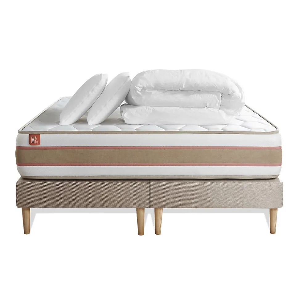 Pack sommier tapissier matelas Ressorts ensachés et mémoire de forme avec couette et oreillers