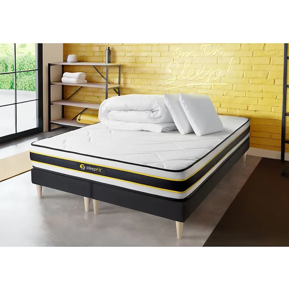 Pack sommier tapissier matelas Ressorts ensachés et mémoire de forme avec couette et oreillers