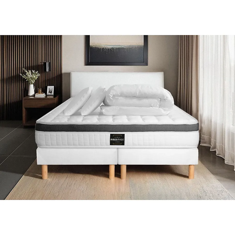Pack sommier tapissier matelas Mémoire de forme avec couette et oreillers
