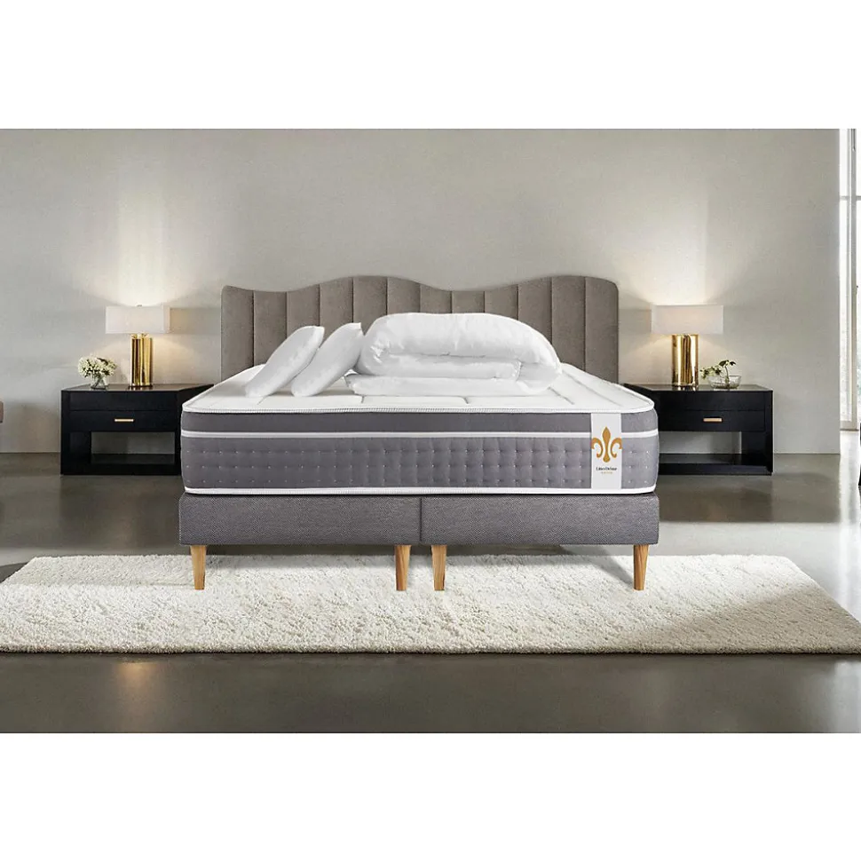 Pack sommier tapissier matelas Ressorts ensachés et mémoire de forme avec couette et oreillers