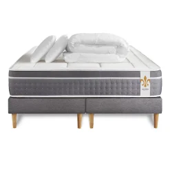 Pack sommier tapissier matelas Ressorts ensachés et mémoire de forme avec couette et oreillers