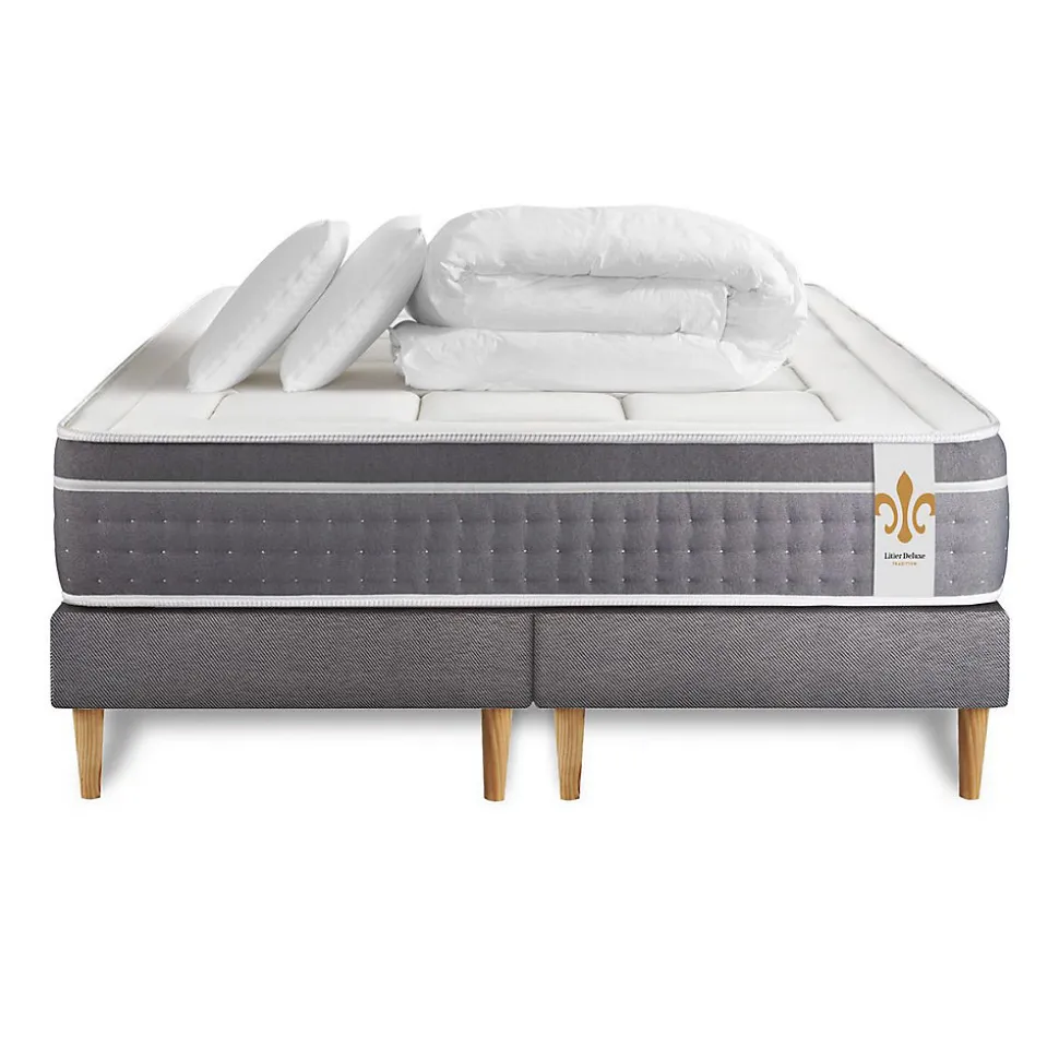Pack sommier tapissier matelas Ressorts ensachés et mémoire de forme avec couette et oreillers