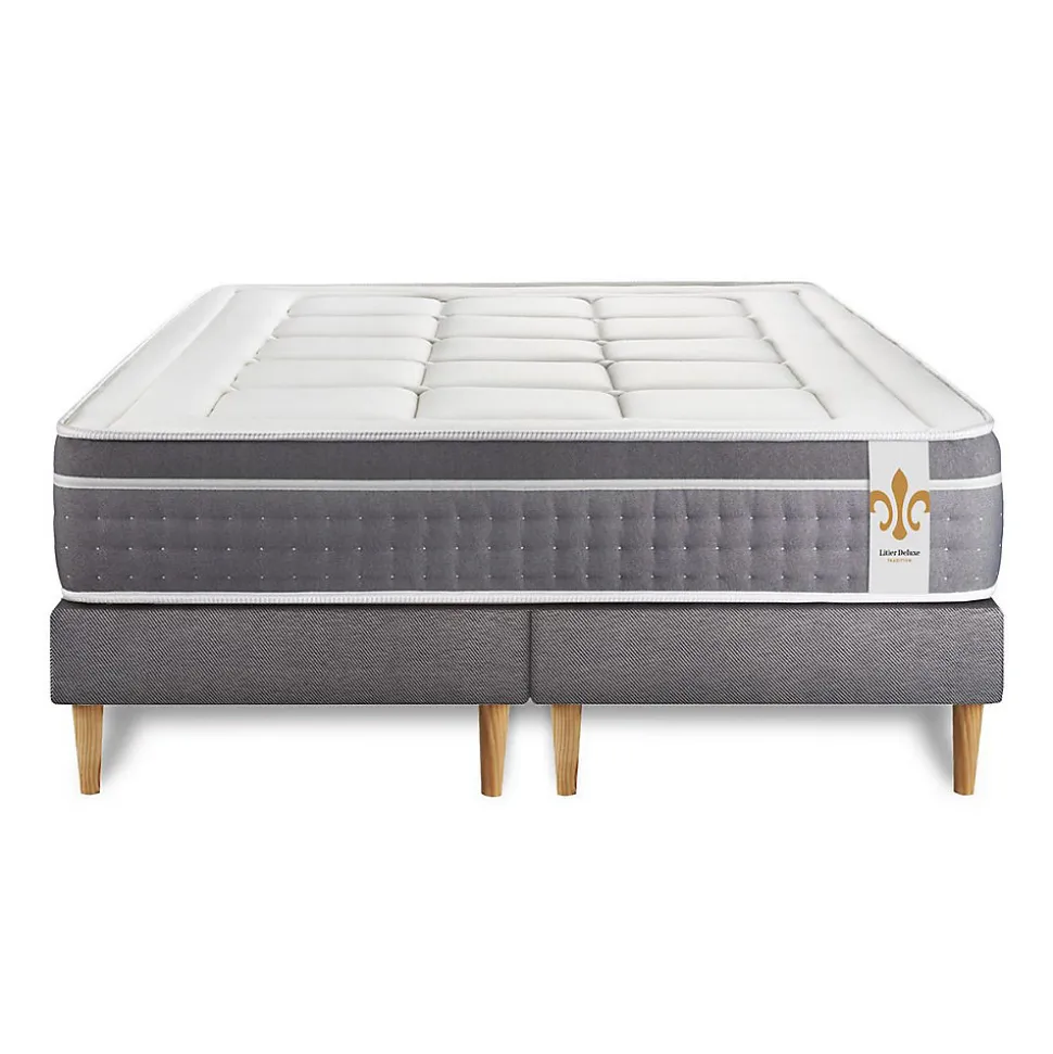Pack sommier tapissier matelas Ressorts ensachés et mémoire de forme avec couette et oreillers