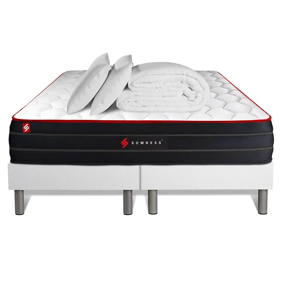 Pack sommier tapissier matelas Ressorts ensachés et mémoire de forme avec couette et oreillers