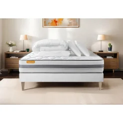 Pack sommier tapissier matelas Ressorts ensachés et mémoire de forme avec couette et oreillers