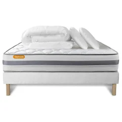 Pack sommier tapissier matelas Ressorts ensachés et mémoire de forme avec couette et oreillers