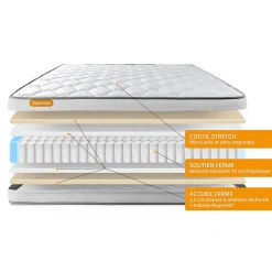 Pack sommier tapissier matelas Ressorts ensachés et mémoire de forme avec couette et oreillers
