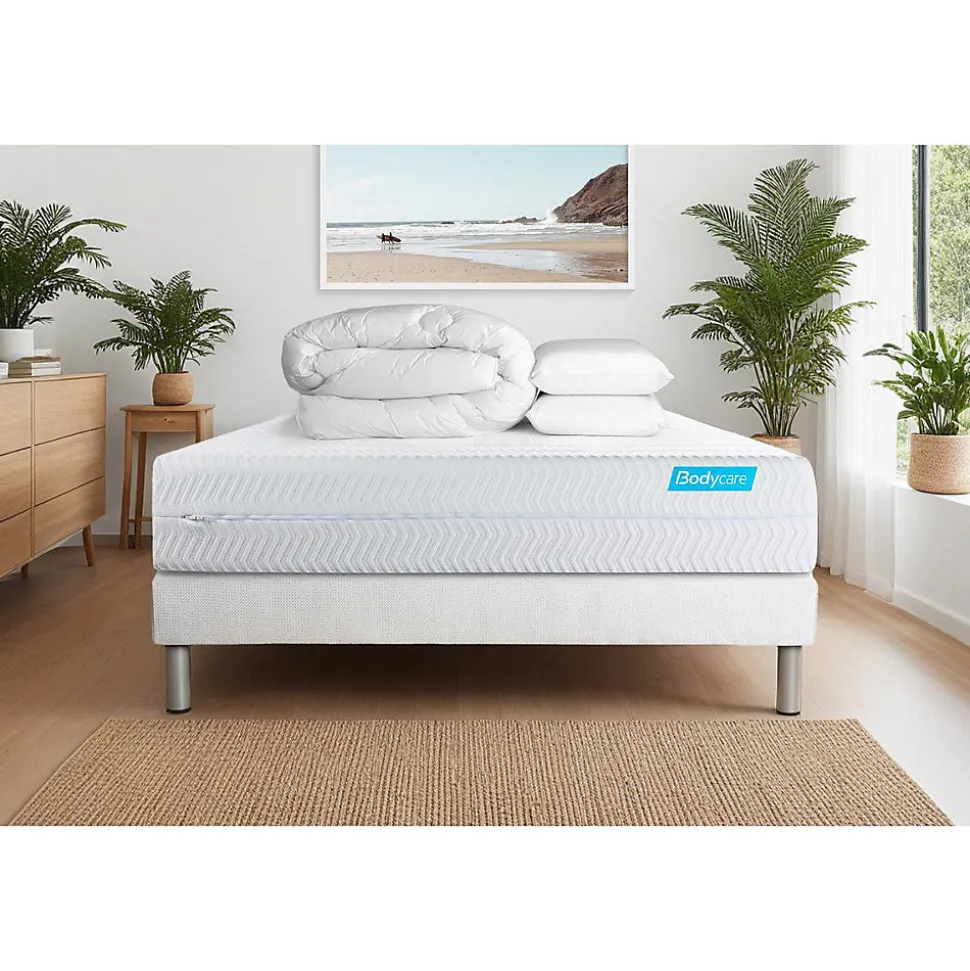 Pack sommier tapissier matelas Mémoire de forme avec couette et oreillers