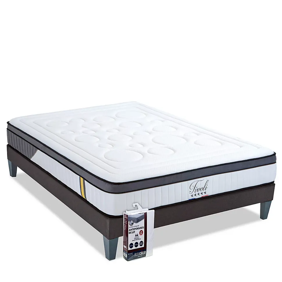 Pack Tivoli 160x200 cm Matelas Mousse + Sommier Bois + Protège matelas anti punaise