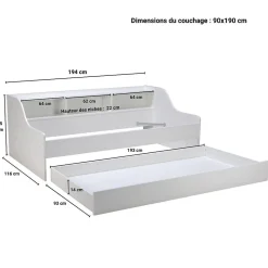PALMA Lit enfant contemporain mélaminé blanc - l 90 x L 190 cm
