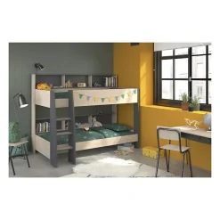 PARISOT Lits superposes enfant - Decor Chene Jackson et Gris Ombre - Sommiers inclus - 2 x 90 x 200 cm - JIM
