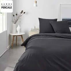 Parrure de lit TODAY Prestige - 240 x 260 cm - 2 personnes - 100% Percale Finition dentelle - Fusain