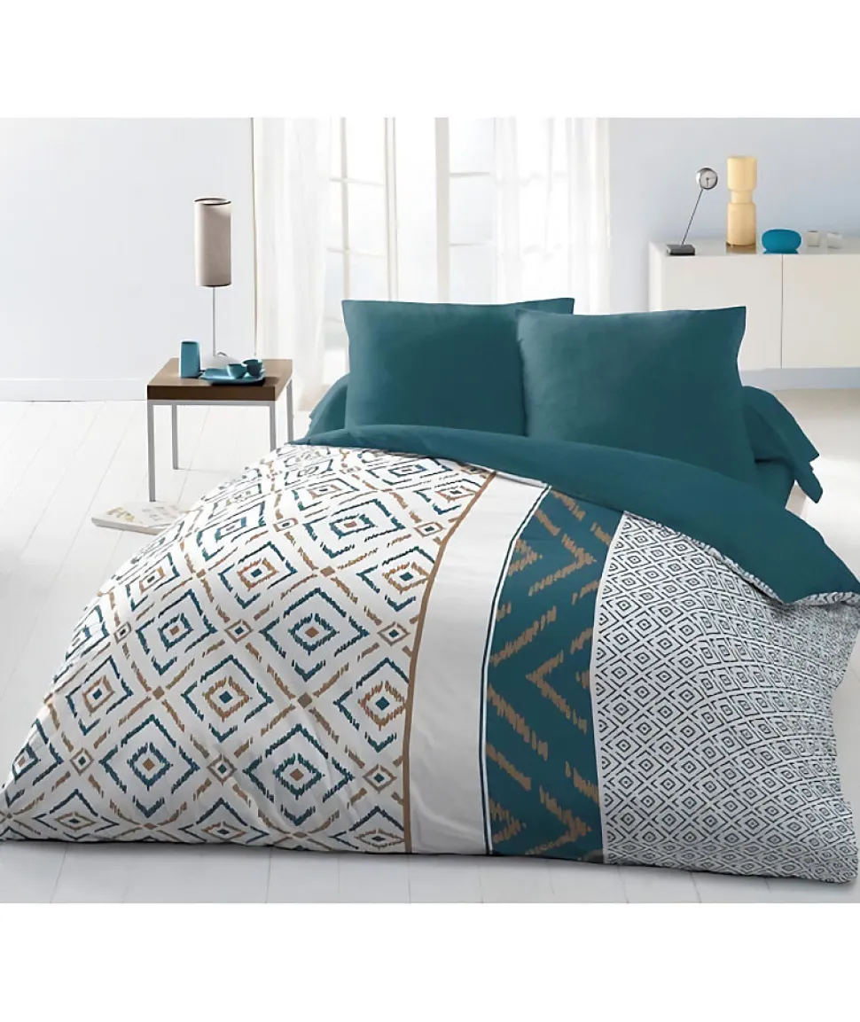 Parure de couette Microfibre ETHNO 220x240cm et 2 taies d'oreillers 63x63cm Bleu Canard